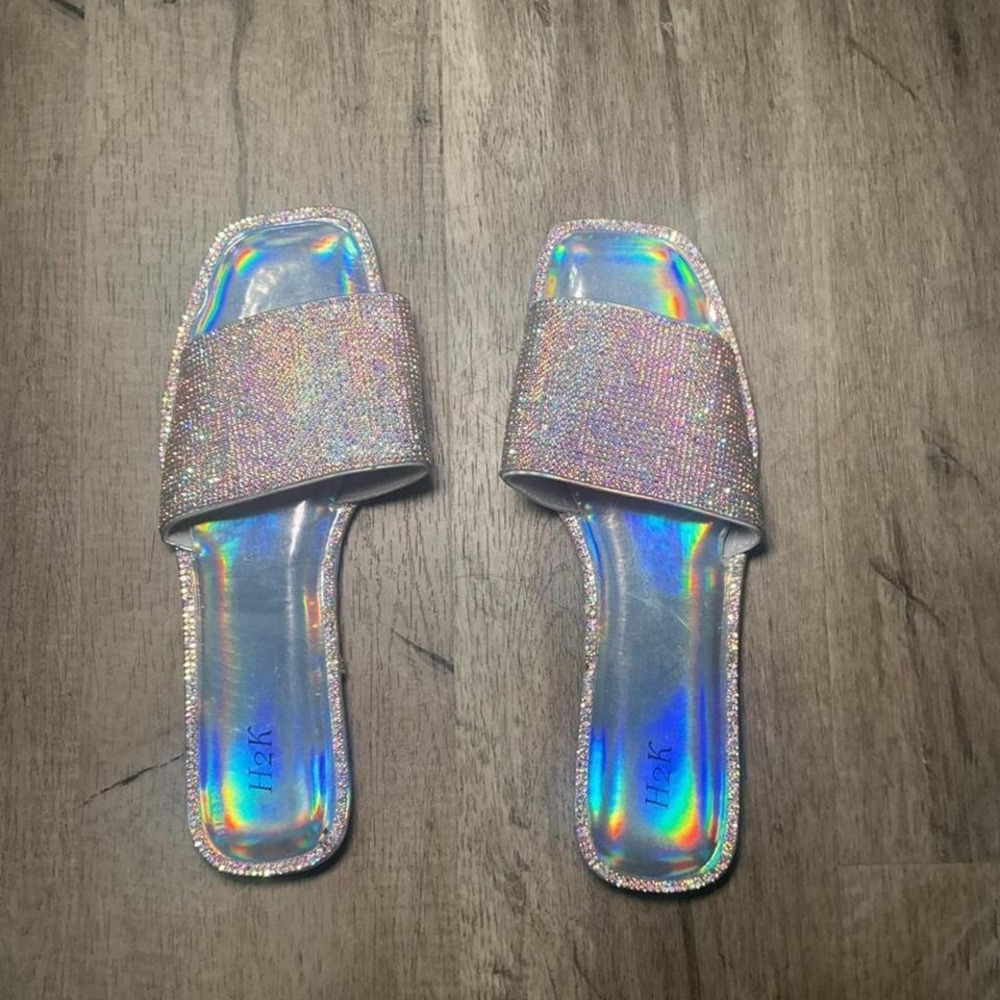H2K Silver Holographic Iridescent Slide Sandals Festival Y2K Women's Size 8
